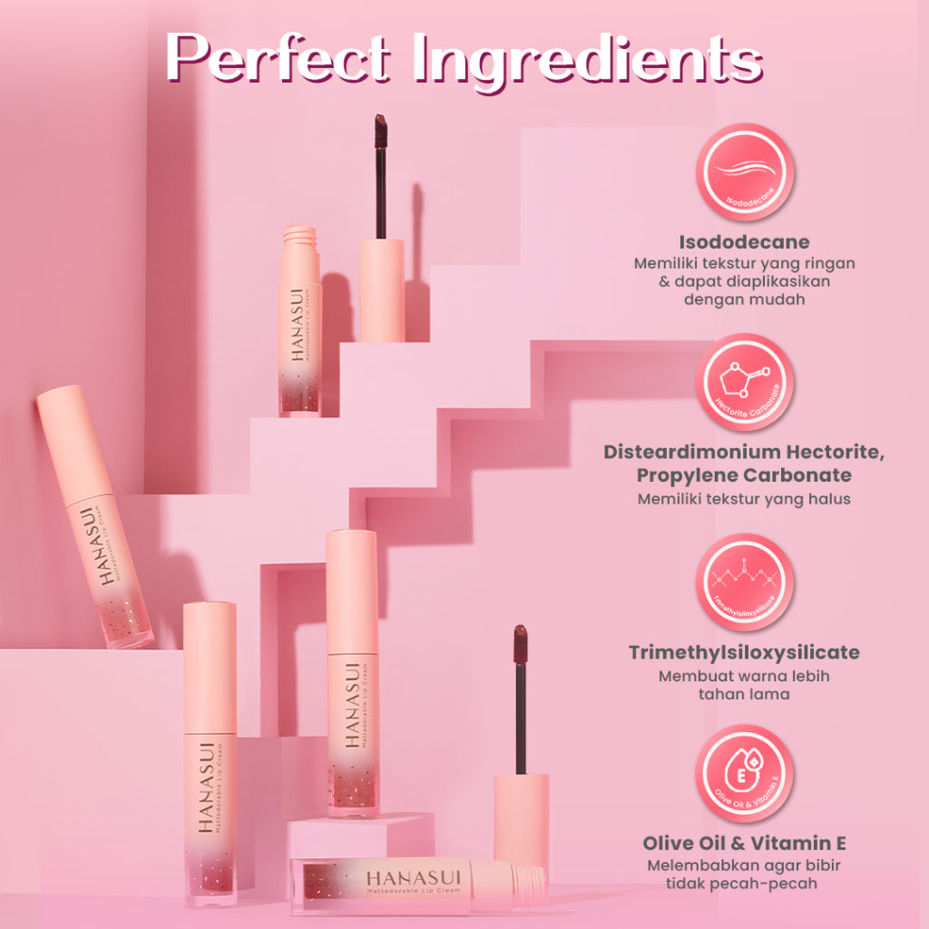 Hanasui Mattedorable Lip Cream - Velvet Matte Finish Melembabkan Ringan Tahan Lama Pigmented Olive Oil Vitamin E