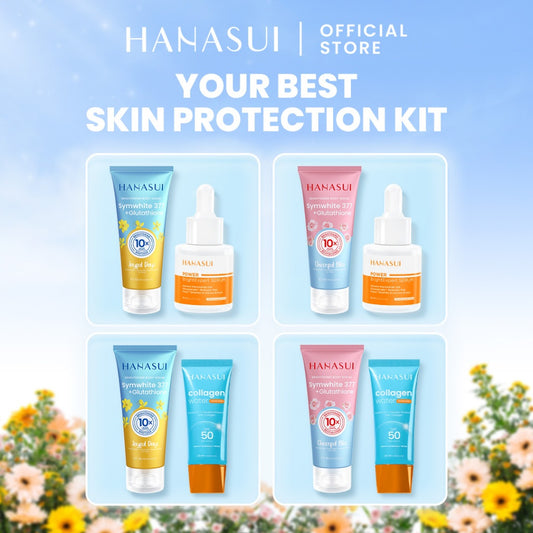 Hanasui Brightening & Protection Combo - Brigthening Body Serum Sunscreen SPF 50 Power Bright Expert Serum Mencerahkan Menenangkan dan Menghidrasi Kulit dengan kandungan Niacinamide Symwhite377 dan Vitamin E