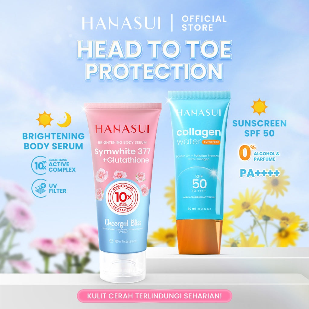 Hanasui Brightening & Protection Combo - Brigthening Body Serum Sunscreen SPF 50 Power Bright Expert Serum Mencerahkan Menenangkan dan Menghidrasi Kulit dengan kandungan Niacinamide Symwhite377 dan Vitamin E