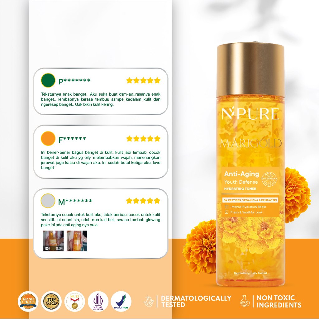 MARIGOLD TONER - NPURE Marigold Anti-Aging Youth Defense Hydrating Toner / Clearing Petal Toner/ Anti Aging Toner/ Toner Gentle Eksfoliasi Wajah Natural / Membersihkan Kotoran