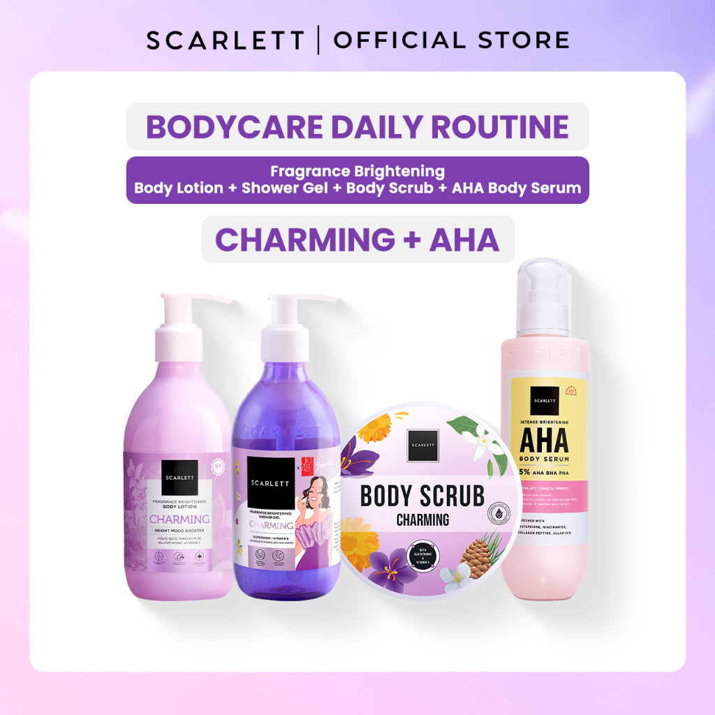 SCARLETT 4in1 Bodycare Daily Routine Body Scrub + Shower Scrub + Body Serum + Body Lotion Paket Sehari-hari Mencerahkan Kulit | Intense Mencerahkan Kulit Wangi Tahan Lama
