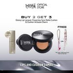 [LIPS AND CUSHION COMBO] NEW SHADES MAKE OVER Glassy Lip Lacquer + Powerstay Sync Matte Cushion -  Lip Gloss Lip Tint Lipcream Lip Cream Lipstick Make Up Pigmented Cushion Tahan Lama Glow