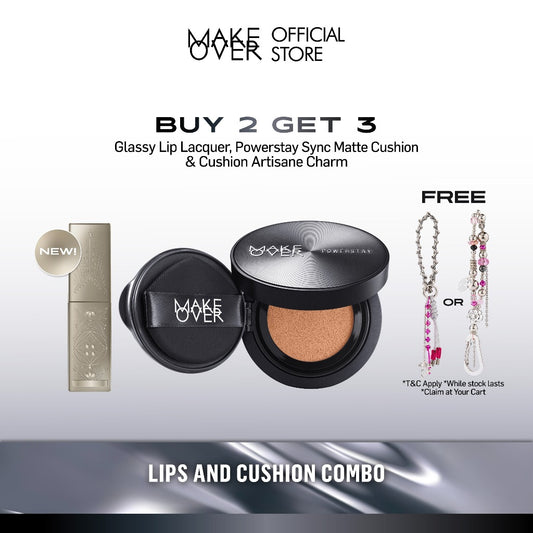 [LIPS AND CUSHION COMBO] NEW SHADES MAKE OVER Glassy Lip Lacquer + Powerstay Sync Matte Cushion -  Lip Gloss Lip Tint Lipcream Lip Cream Lipstick Make Up Pigmented Cushion Tahan Lama Glow