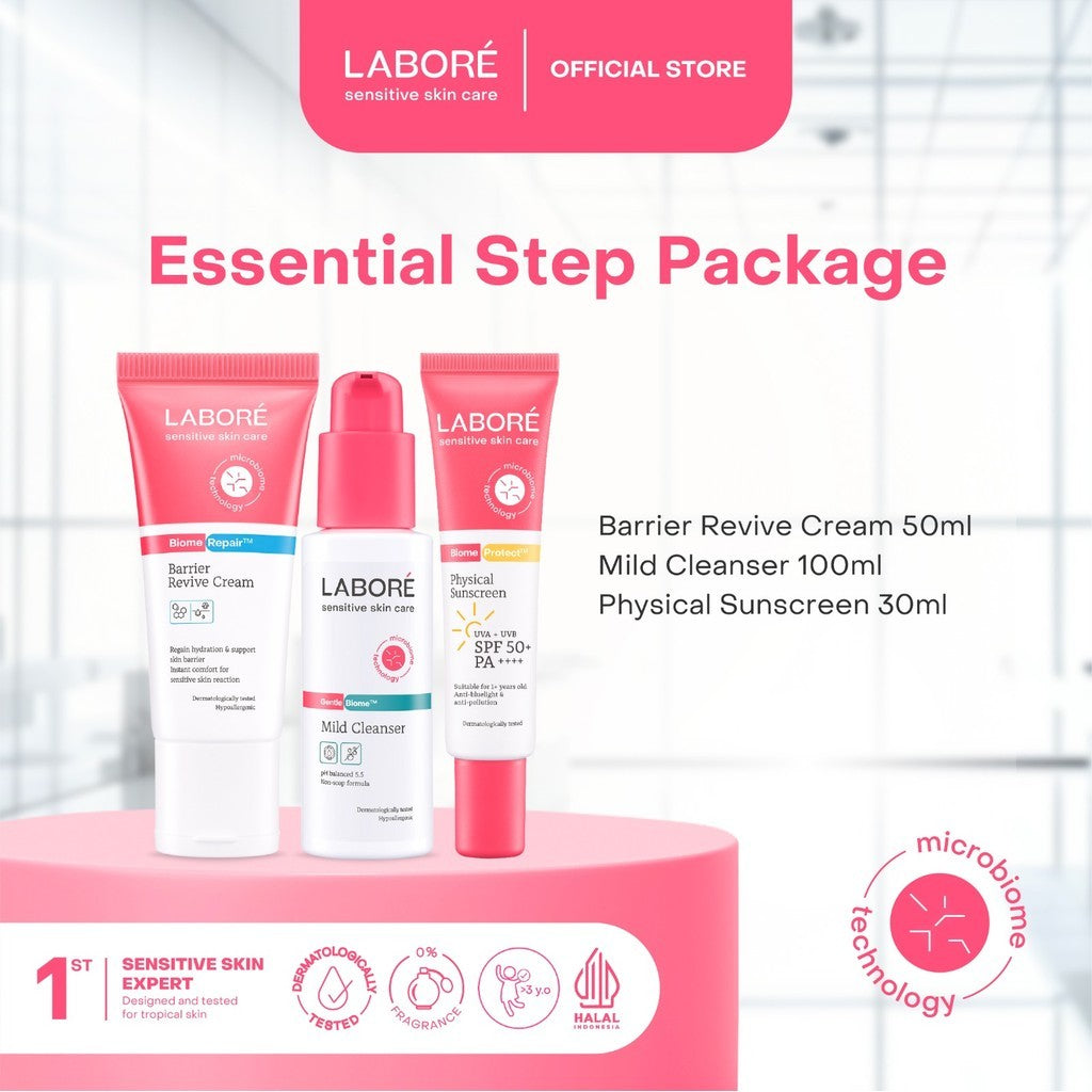 Labore Essential Step Package - Paket Mild Cleanser 100ml, Barrier Revive Cream 50ml, Physical Sunscreen 30ml untuk Perawatan Wajah Kulit Sensitif - Reguler