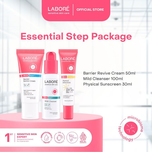 Labore Essential Step Package - Paket Mild Cleanser 100ml, Barrier Revive Cream 50ml, Physical Sunscreen 30ml untuk Perawatan Wajah Kulit Sensitif - Reguler