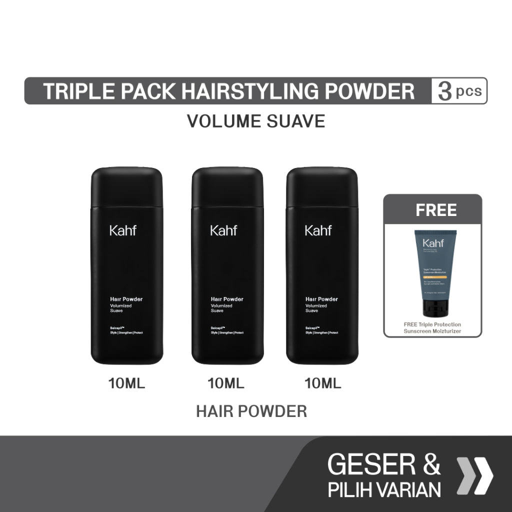 [KAHF BUNDLE 3IN1 PAKET POMADE/HAIR POWDER RAMBUT BEBAS LEPEK, BERKILAU, BERVOLUME, & RAPI SEHARIAN] Triple Pack Hairstyling Pomade or Powder - 3 pcs Gel Rambut & Bubuk Penata Rambut - Approved by Barber and Suitable for Daily Use