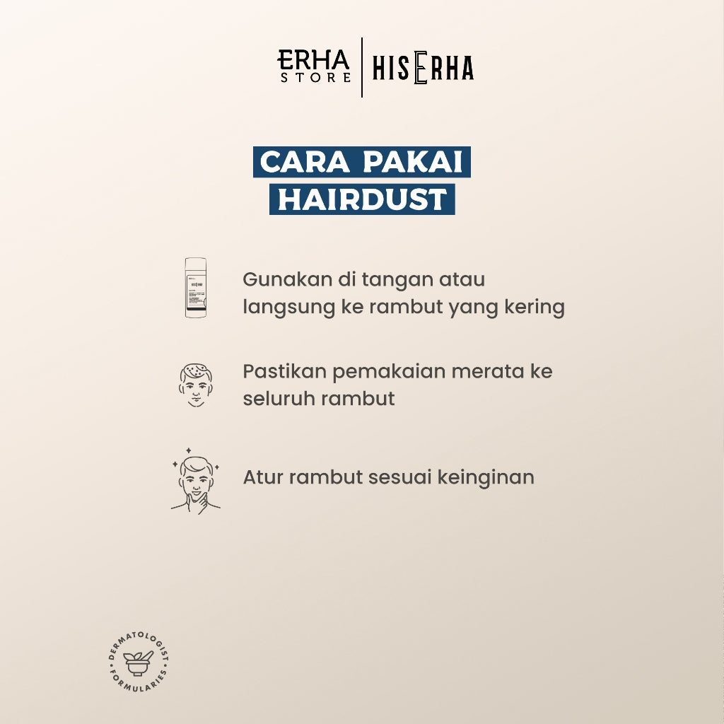 HIS ERHA Hair Dust/Powder 12g - Hairstyling Pria Untuk Rambut Bervolume, Bertekstur, Bebas Lepek/ Minyak, Natural Seharian, Wangi Segar Maskulin, Verified by Dermatologist, Vitamin E, Silica