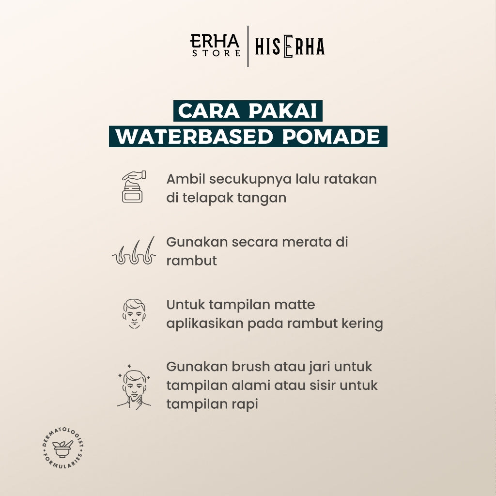 HIS ERHA Waterbased Pomade 35g - Hair Styling Pria Untuk Hasil Sleek, Strong Hold, Mudah Dicuci, Aman & Tidak Menyebabkan Timbulnya Jerawat & Komedo, Wangi Segar Maskulin, Verified by Dermatologist, Glyserin, Vitamin E, Promois, Phytenso