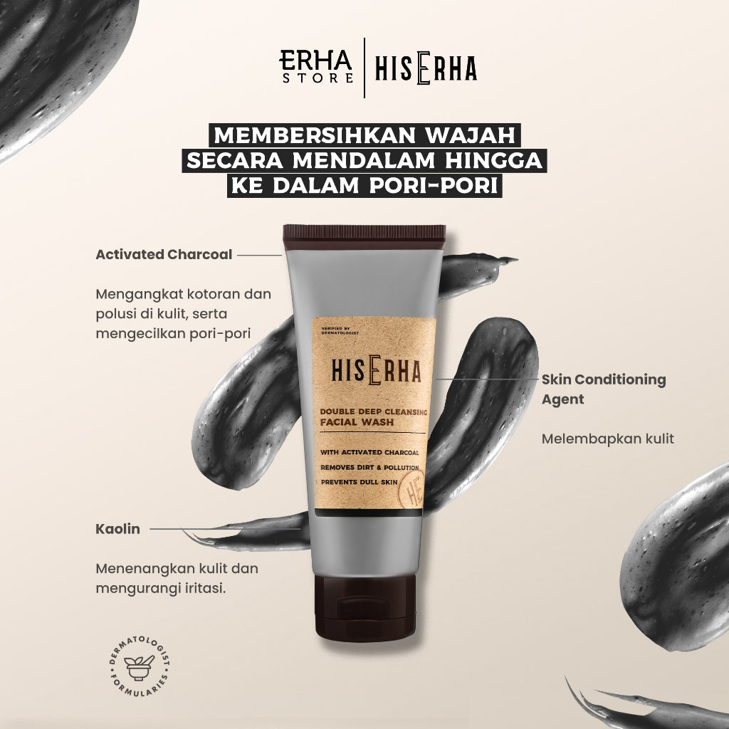 HIS ERHA Double Deep Cleansing Facial Wash 100gr - Sabun Cuci Muka Pria untuk Membersihkan Wajah Secara Mendalam, Angkat Kusam, Kotoran dan Polusi, Lembap, Tanpa Rasa Ketarik, Wangi Segar Maskulin, Verified by Dermatologist, Activated Charcoal, Kaolin