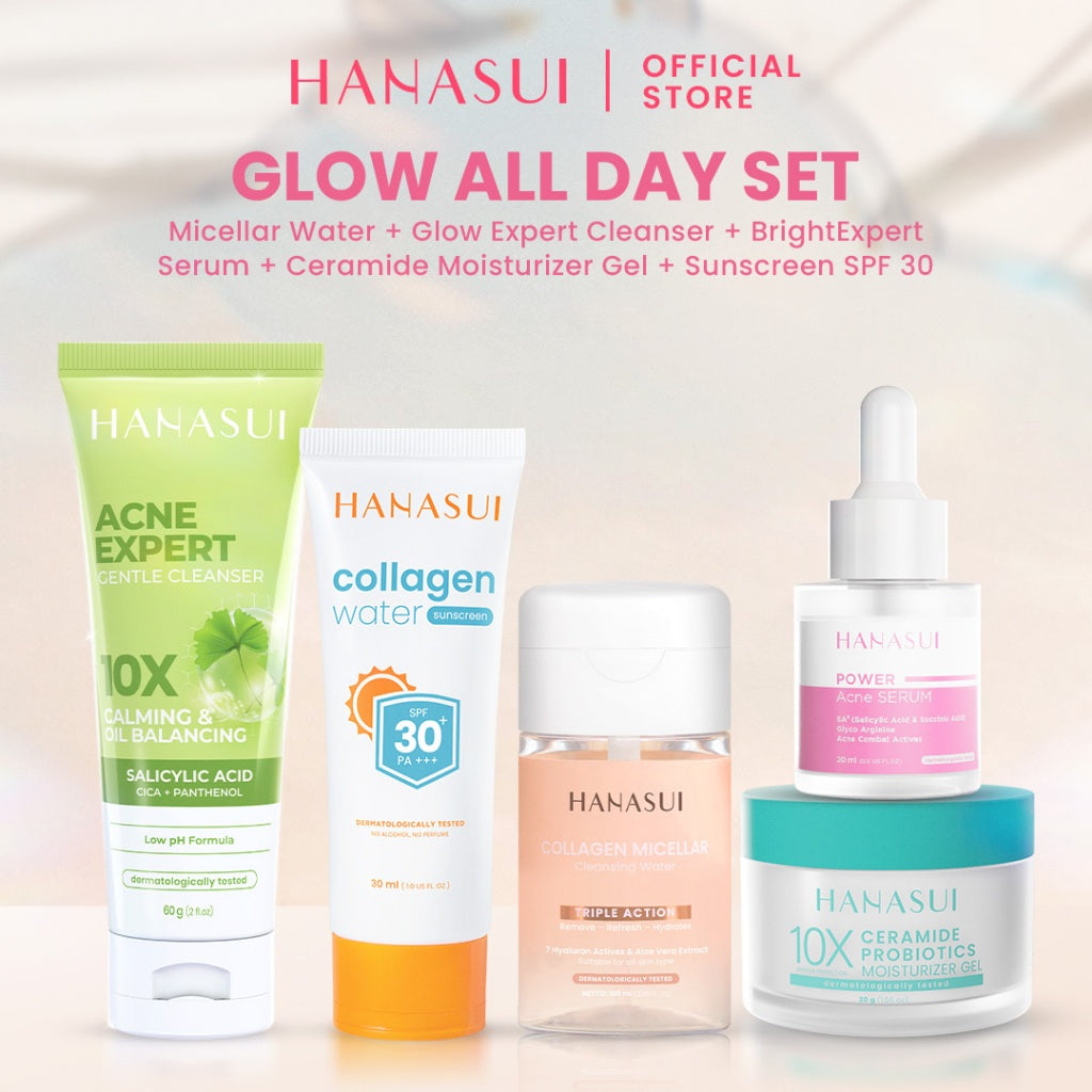 Hanasui Glow All Day Set - Micellar Cleansing Water Glow Acne Expert Gentle Cleanser Bright Expert Serum Sunscreen SPF 50 & 30 Moisturizer Gel Membersihkan Menyegarkan dan Menghidrasi Mencerahkan Kulit