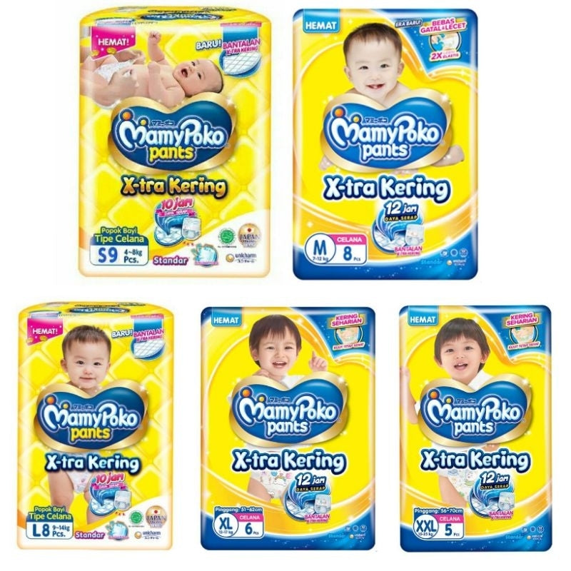 Mamy Poko X-tra Kering Popok Celana Pamper Bayi S9/M8/L7/XL6/XXL5