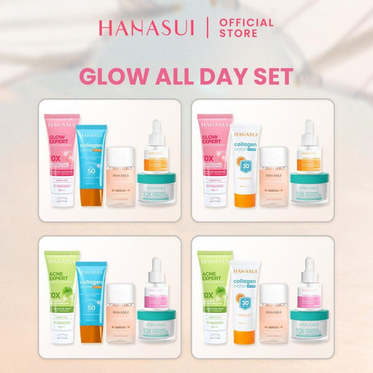 Hanasui Glow All Day Set - Micellar Cleansing Water Glow Acne Expert Gentle Cleanser Bright Expert Serum Sunscreen SPF 50 & 30 Moisturizer Gel Membersihkan Menyegarkan dan Menghidrasi Mencerahkan Kulit