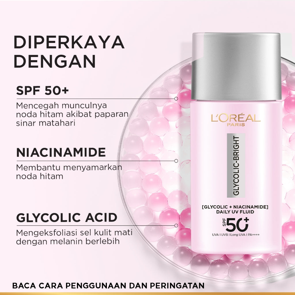 [NEW LAUNCH!] GLYCOLIC - BRIGHT ANTI DARK-SPOT DAILY UV FLUID SPF 50+ l 50ml l SUNSCREEN PERTAMA UNTUK MENYAMARKAN NODA HITAM, BEKAS JERAWAT, DAN MENCERAHKAN l TABIR SURYA, SPF, SUNBLOK, SUN SCREEN