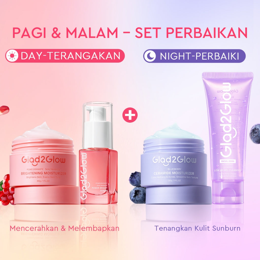 [ORDER NOW, HEMAT 30K]Glad2Glow Day & Night Renew Cerah Bundle Moisturizer+Serum Set Brightening 10%Niacinamide Peeling Eksfoliasi Retinol  tone up Pelembab Tubuh Kit Perawatan Kulit Hidrasi Delima Pelembab Wajah Pencerah Krim Gel g2glow official store