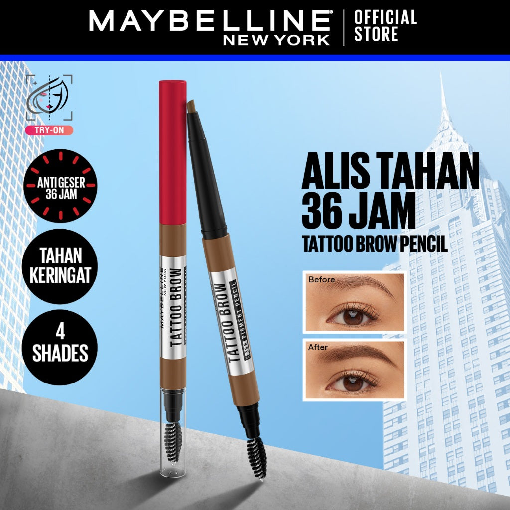 MAYBELLINE OFFICIAL Tattoo Brow 36H Pencil - Pensil Alis Eye Makeup Cokelat Pigmented Tahan Lama Superstay Matte Vinyl Ink