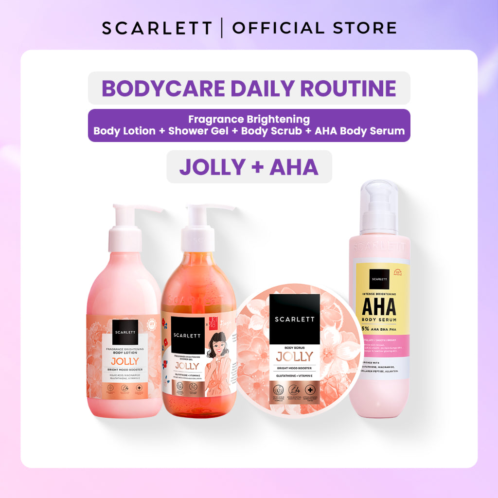 SCARLETT 4in1 Bodycare Daily Routine Body Scrub + Shower Scrub + Body Serum + Body Lotion Paket Sehari-hari Mencerahkan Kulit | Intense Mencerahkan Kulit Wangi Tahan Lama