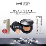 [LIPS AND CUSHION COMBO] NEW SHADES MAKE OVER Glassy Lip Lacquer + Powerstay Sync Matte Cushion -  Lip Gloss Lip Tint Lipcream Lip Cream Lipstick Make Up Pigmented Cushion Tahan Lama Glow