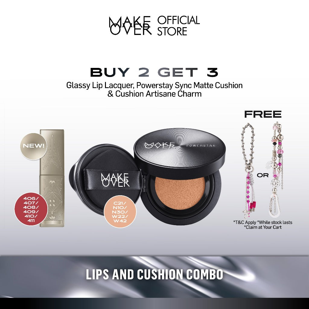 [LIPS AND CUSHION COMBO] NEW SHADES MAKE OVER Glassy Lip Lacquer + Powerstay Sync Matte Cushion -  Lip Gloss Lip Tint Lipcream Lip Cream Lipstick Make Up Pigmented Cushion Tahan Lama Glow