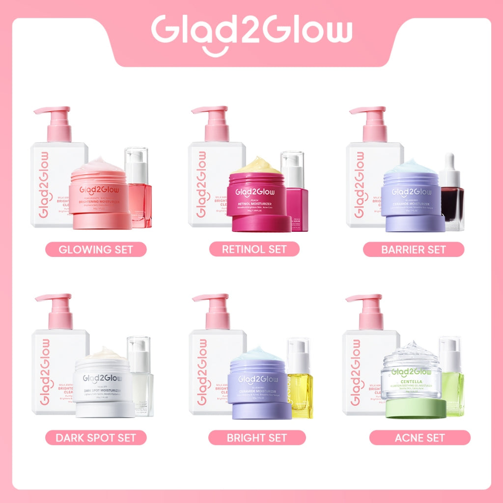 Glad2Glow bundle 3in1 paket Skincare- Moisturizer+Serum+Cleanser- Face Wash  Glowing Kit Dark Spot Acne Kit Mencerahkan warna kulit Menghilangkan jerawat Anti penuaan kulit halus Mencerahkan bintik hitam Beauty Sets & Packages g2glow official store