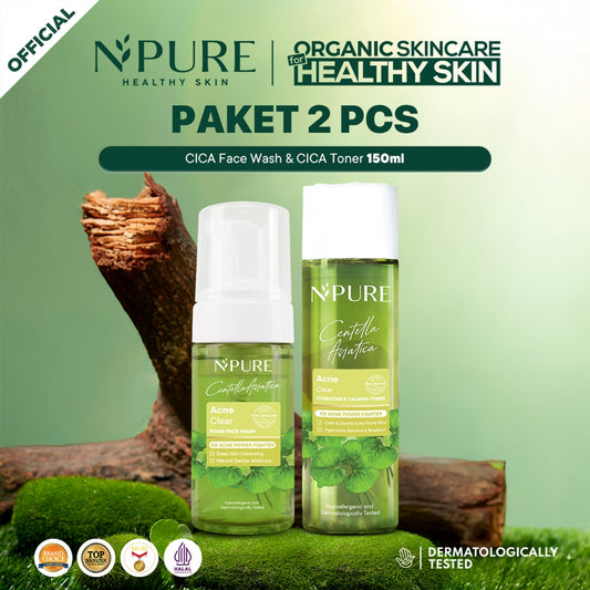 NPURE BUNDLE HEMAT - Cica Toner 150 ml + Cica Face Wash 100 ml / Kulit berjerawat / kombinasi / berminyak Hydrating Wajah