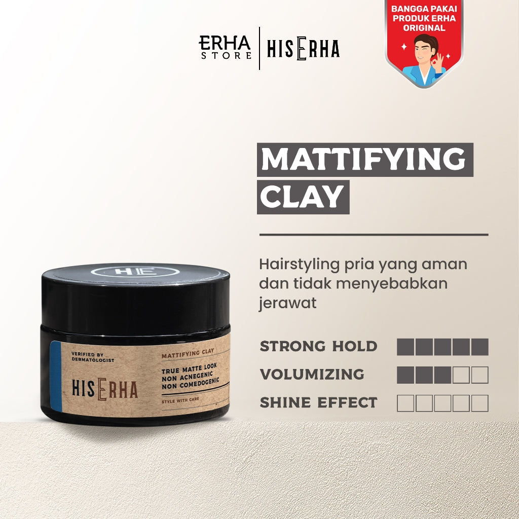 HIS ERHA Mattifying Clay 35g - Hair Styling Pria Untuk Hasil Matte, Bertekstur, Strong Hold, Aman & Tidak Menyebabkan Jerawat & Komedo, Wangi Segar Maskulin, Verified by Dermatologist, Bentone, Jojoba Oil, Argan Oil, Promois, Phytenso