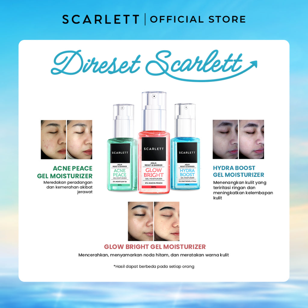 Scarlett Whitening Aqua Reset & Barrier Glow Bright Gel Moisturizer 6% Niacin - pelembab wajah untuk skin barrier muka dan untuk kulit sensitif serta menghidrasi mencerahkan, meratakan, menyamarkan noda hitam with Niacinamide and Peach Extract