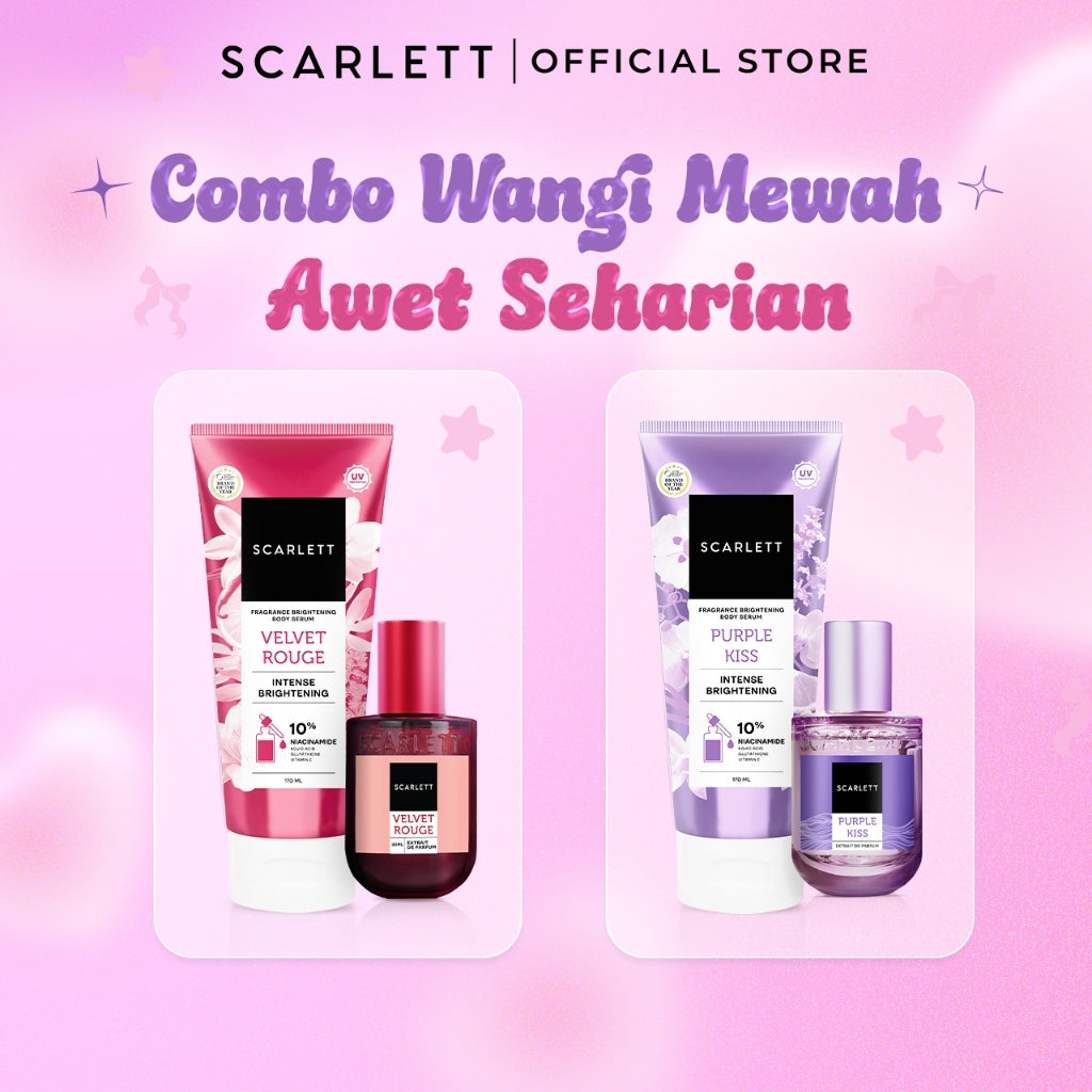 【NEW LAUNCH】BUNDLING Scarlett Fragrance Brightening Body Serum 170ml & Scarlett Whitening Extrait De Parfum 30ml ( Velvet Rouge / Purple Kiss )  | Melembapkan mencerahkan meratakan warna kulit, Kulit cerah wangi mewah