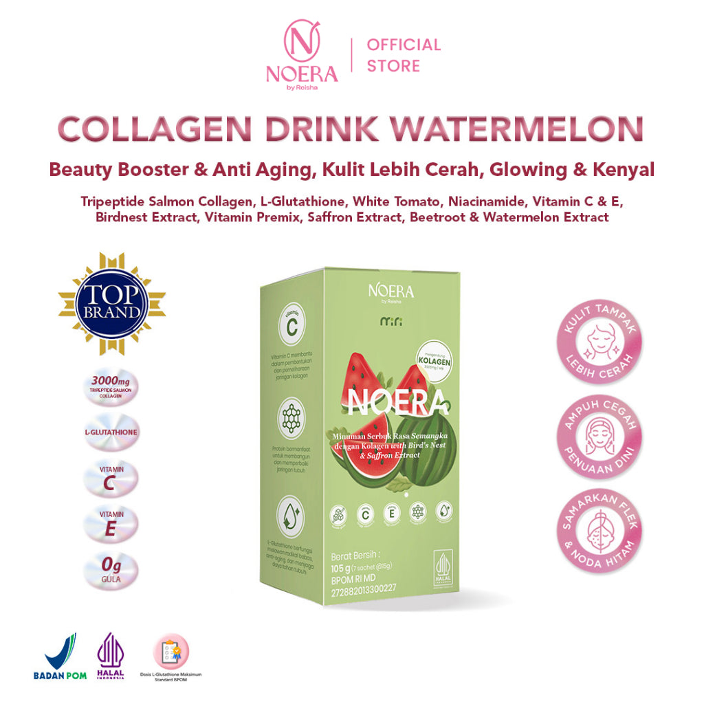 Noera Collagen Drink Watermelon With Birdnest and Saffron Extract Improved Formula | Minuman Kolagen Glutathione Pencerah Badan | Noera Premium Collagen Drink | Colagen Beauty Drink | Minuman Pencerah Badan Anti Aging