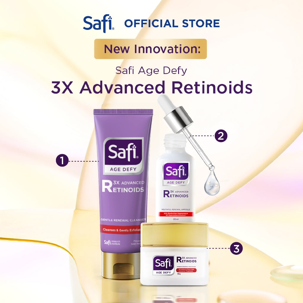 [Paket Lengkap Cleanser, Serum, Pelembap] Safi Age Defy 3X Advanced Retinoid Series (Cleanser 100gr, Ampoule 20ml, Moisturizer 40gr) - Sabun Cuci Muka Non SLS, Serum Wajah Glowing, Krim Wajah Anti Aging | Better Than Retinol