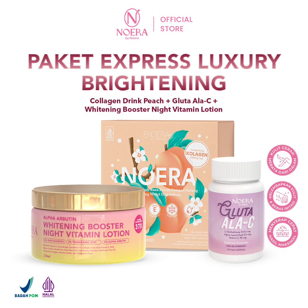 Noera Paket Express Luxury Brightening | Gluta ALA-C, Collagen Drink Improved Formula, & Whitening Booster Night Vitamin Lotion