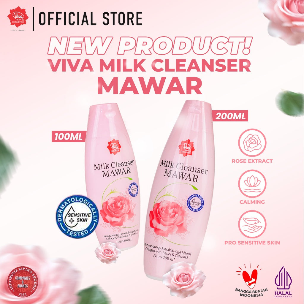 Viva Milk Cleanser Mawar with VIT E, Collagen & Panthenol (tersedia 2 ukuran 100ml & 200 ml)