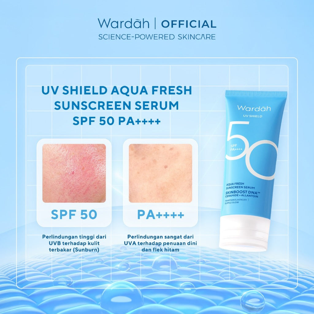 WARDAH UV Shield Aqua Fresh Sunscreen Serum SPF 50 PA++++ 30 ml - Melembabkan Kulit Kering, Memperbaiki Skin Barrier, Melindungi Kulit secara Maksimal - Ringan, Cepat Meresap, Tidak Lengket, No Whitecast, Non comedogenic, 0% Alkohol - Skincare