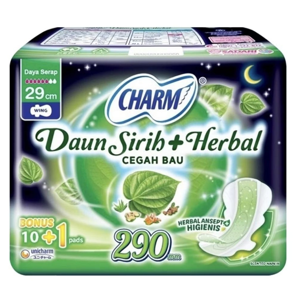 Charm Pembalut Wanita Wing Daun Sirih + Herbal 29 cm 10+1 pcs