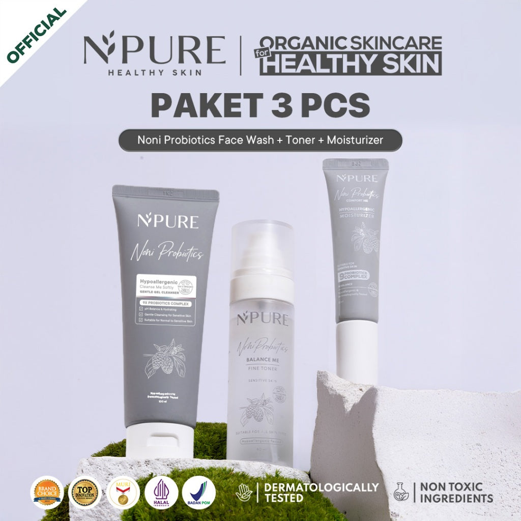 NPURE - 3 PCS -  Paket Face Wash + Toner + Moisturizer - Cica Acne - Marigold Anti Aging - Noni Sensitive - Licorice Brightening and Glowing Mencerahkan Wajah Beruntusan