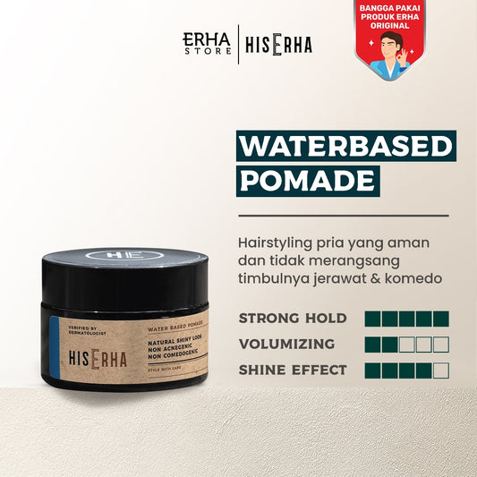 HIS ERHA Waterbased Pomade 35g - Hair Styling Pria Untuk Hasil Sleek, Strong Hold, Mudah Dicuci, Aman & Tidak Menyebabkan Timbulnya Jerawat & Komedo, Wangi Segar Maskulin, Verified by Dermatologist, Glyserin, Vitamin E, Promois, Phytenso