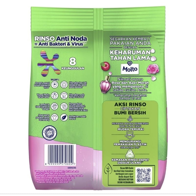 Rinso Anti Noda Molto Deterjen Bubuk + Pelembut Pakaian Rose Fresh Refill 380 g