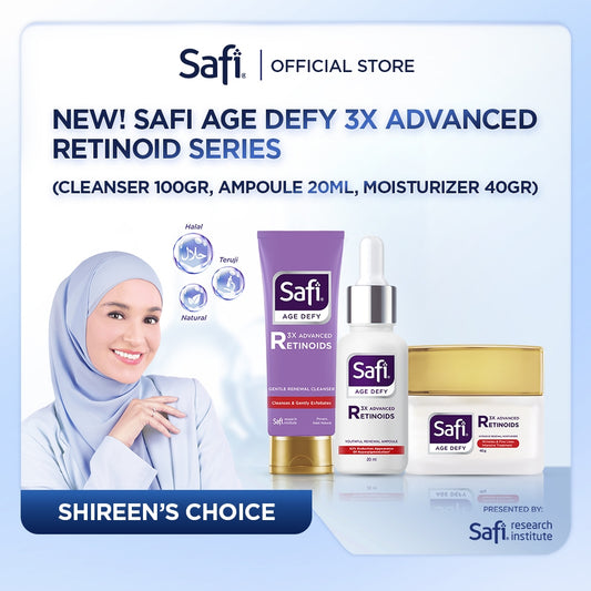 [Paket Lengkap Cleanser, Serum, Pelembap] Safi Age Defy 3X Advanced Retinoid Series (Cleanser 100gr, Ampoule 20ml, Moisturizer 40gr) - Sabun Cuci Muka Non SLS, Serum Wajah Glowing, Krim Wajah Anti Aging | Better Than Retinol