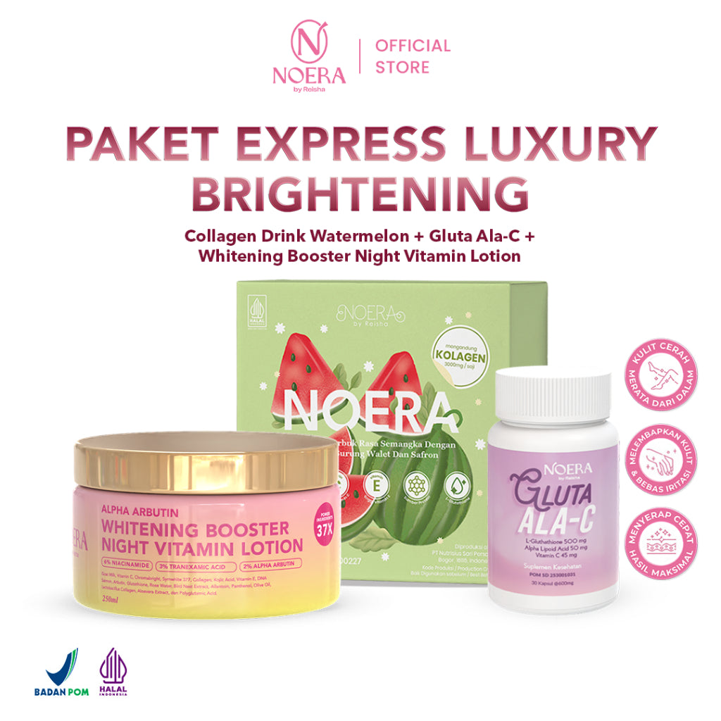 Noera Paket Express Luxury Brightening | Gluta ALA-C, Collagen Drink Improved Formula, & Whitening Booster Night Vitamin Lotion
