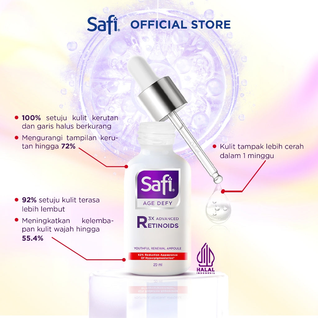 Safi Age Defy 3X Advanced Retinoid Series (Cleanser 100gr, Ampoule 20ml, Moisturizer 40gr) - Sabun Cuci Muka Non SLS, Serum Wajah Glowing, Krim Wajah Anti Aging | Better Than Retinol