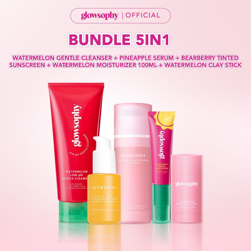 Glowsophy Bundle 5in1 Brightening Series Watermelon Brightening Moisturizer 100ml + Bearberry Tinted Sunscreen + Watermelon Gentle Cleanser + Watermelon Clay Stick + Pineapple Serum