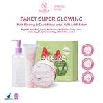 Noera Paket Super Glowing | Collagen Drink Improved Formula + Moisturizing Brightening Body Lotion + Lightening Body Scrub + Bright & Glow Body Serum