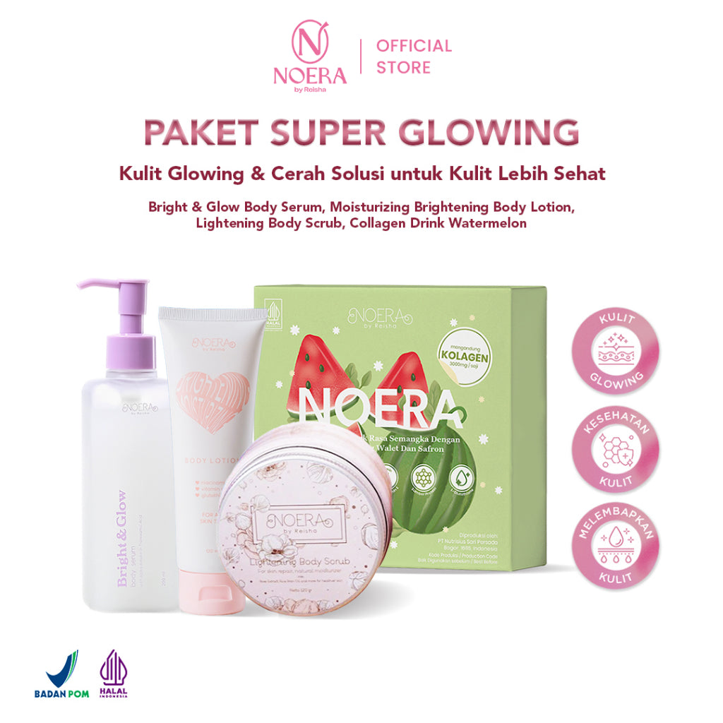 Noera Paket Super Glowing | Collagen Drink Improved Formula + Moisturizing Brightening Body Lotion + Lightening Body Scrub + Bright & Glow Body Serum