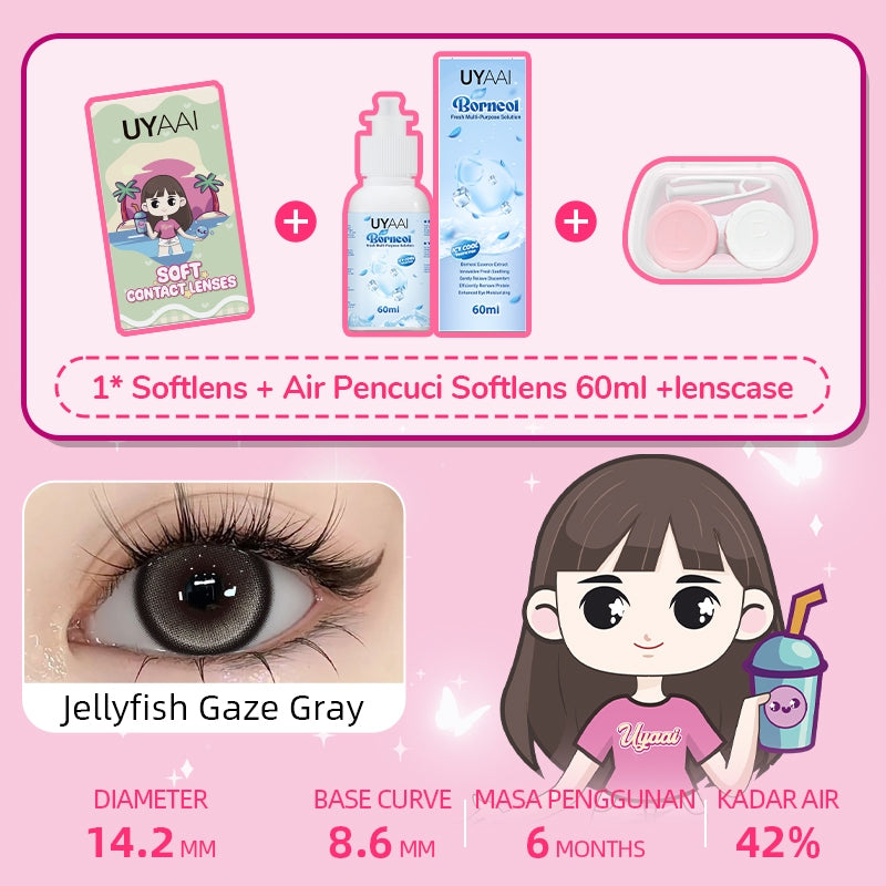 [Beli 1 Gratis 2 Hadiah] UYAAI Softlens Normal 14.00-15.00mm 1Pasang Softlens+120ML Air Pencuci Softlens+Lenscase