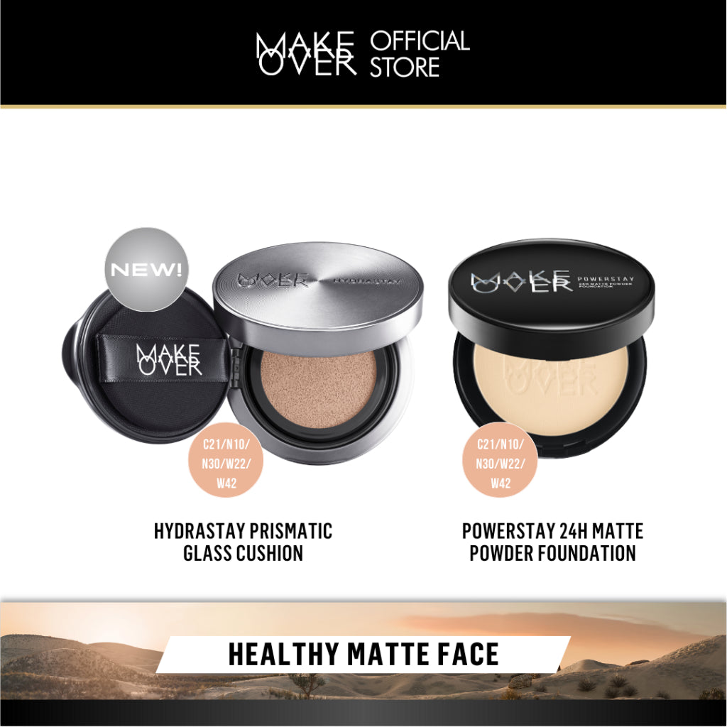MAKE OVER Healthy Matte Face Bundle: Hydrastay Prismatic Glass Cushion + Powerstay 24H Matte Powder Foundation - Paket Complexion Face Makeup Flawless Glow Cushion Smooth Cover 24 Jam Tahan Lama Foundation Bedak Concealer Wajah Baru