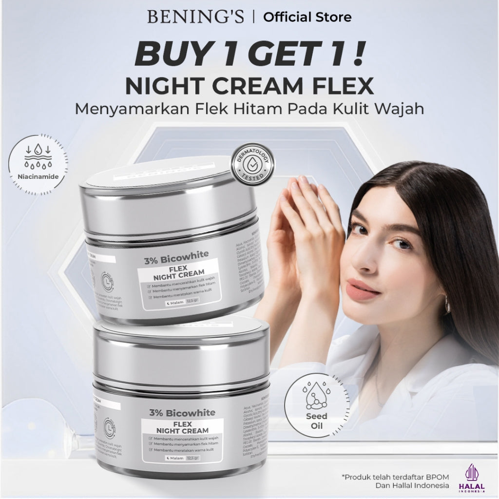 Benings Skincare Official Krim Malam Exclusive Flex New Formula Menghilangkan Flek Hitam Mencerahkan