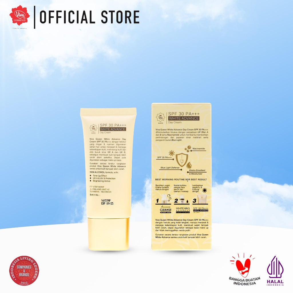 Viva Queen White Advance Day SUNSCREEN Cream SPF 30 PA+++ with NIACINAMIDE, UV A & B & BLUE LIGHT PROTECTION & Extra Emollient & Moisturizer
