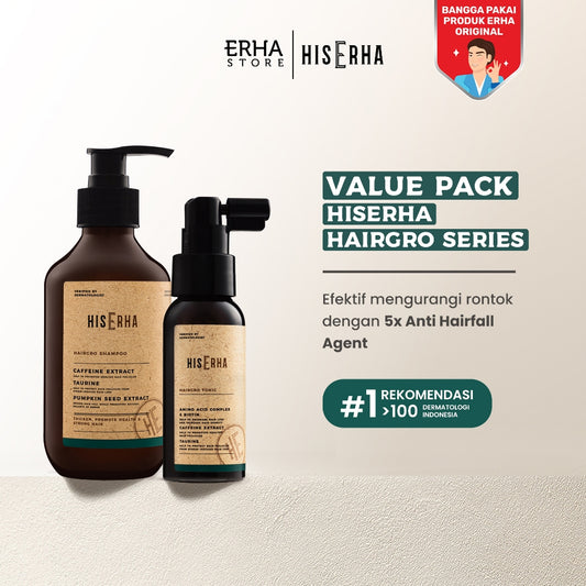 HIS ERHA Bundle Hairgro Series Shampoo 270ml + Tonic 60ml - Kombinasi Perawatan Rambut Rontok, Cegah Kebotakan,  Rambut Lebih Tebal/Lebat Khusus Pria, Wangi Segar Maskulin, Verified by Dermatologist, Biotin, Caffeine Extract, Taurine, Menthol