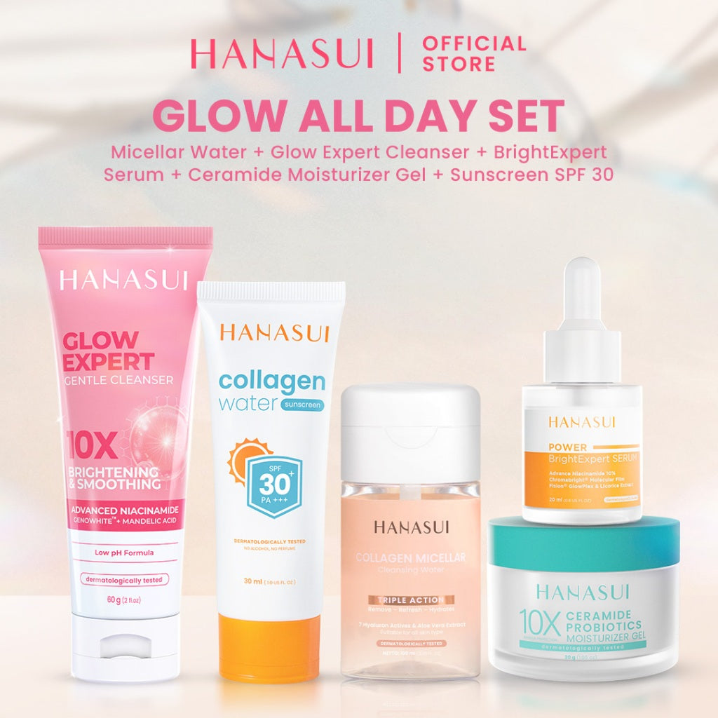 Hanasui Glow All Day Set - Micellar Cleansing Water Glow Acne Expert Gentle Cleanser Bright Expert Serum Sunscreen SPF 50 & 30 Moisturizer Gel Membersihkan Menyegarkan dan Menghidrasi Mencerahkan Kulit