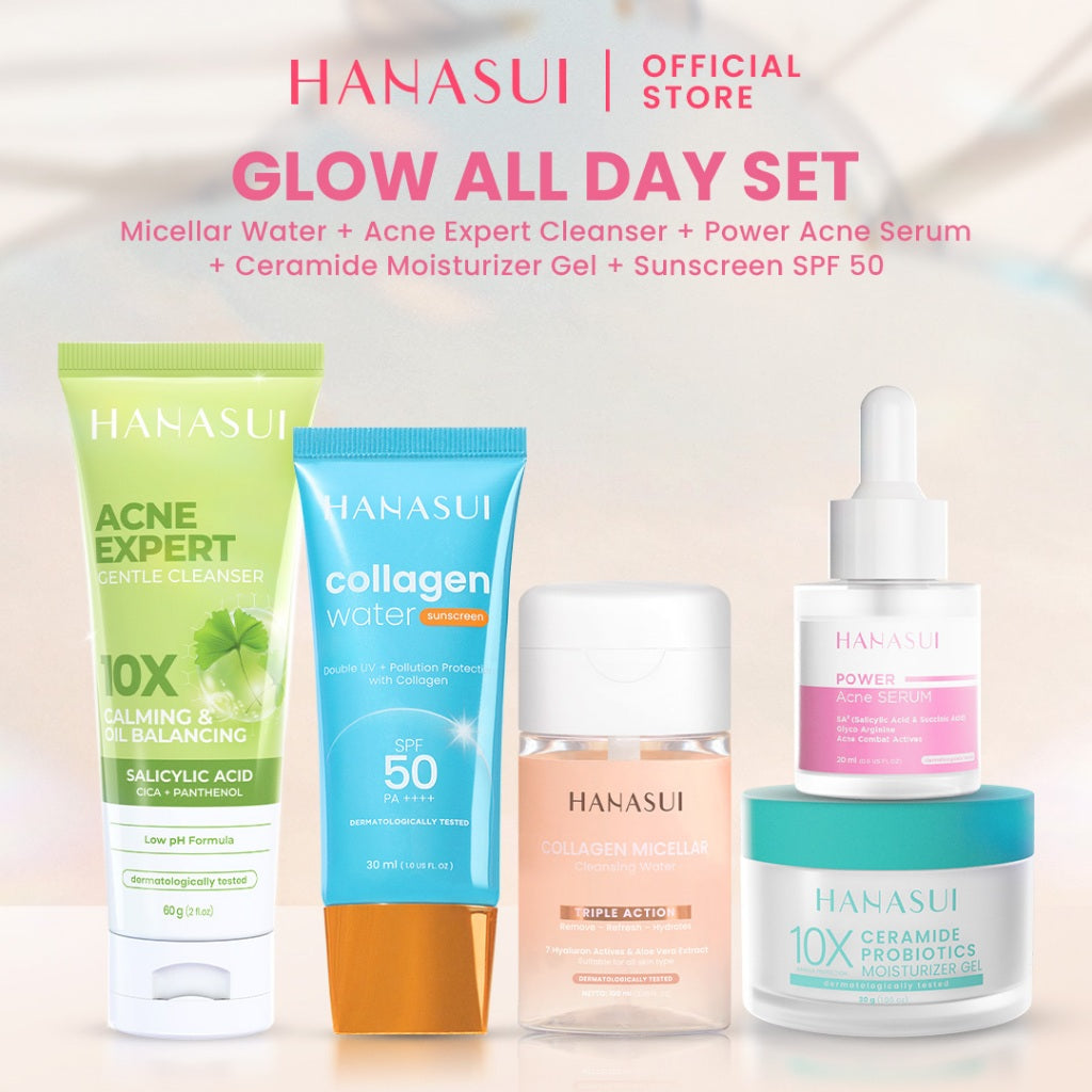 Hanasui Glow All Day Set - Micellar Cleansing Water Glow Acne Expert Gentle Cleanser Bright Expert Serum Sunscreen SPF 50 & 30 Moisturizer Gel Membersihkan Menyegarkan dan Menghidrasi Mencerahkan Kulit