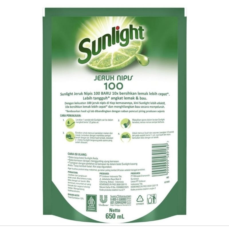 Sunlight Sabun Cuci Piring Jeruk Nipis Refill 650 ml